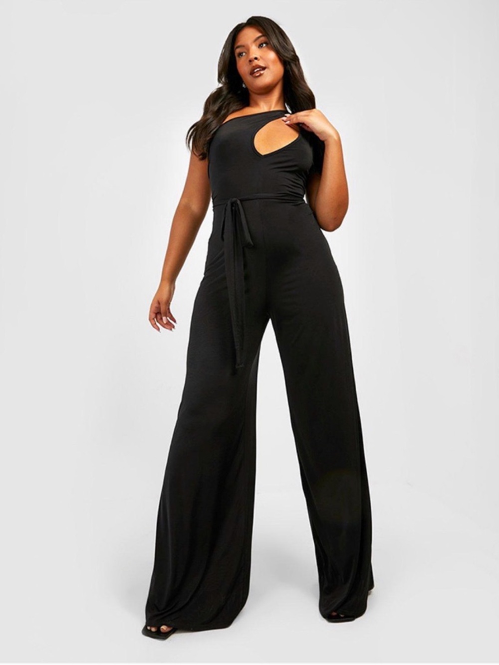 Boohoo Black One-Shoulder Cutout Wide-Leg Jumpsuit with Tie Waist Size 14 NWT